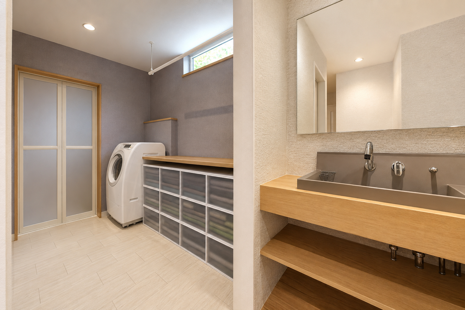 Laundry room with a front-loading washing machine beside a set of clear-drawer storage units and a wooden countertop for folding.