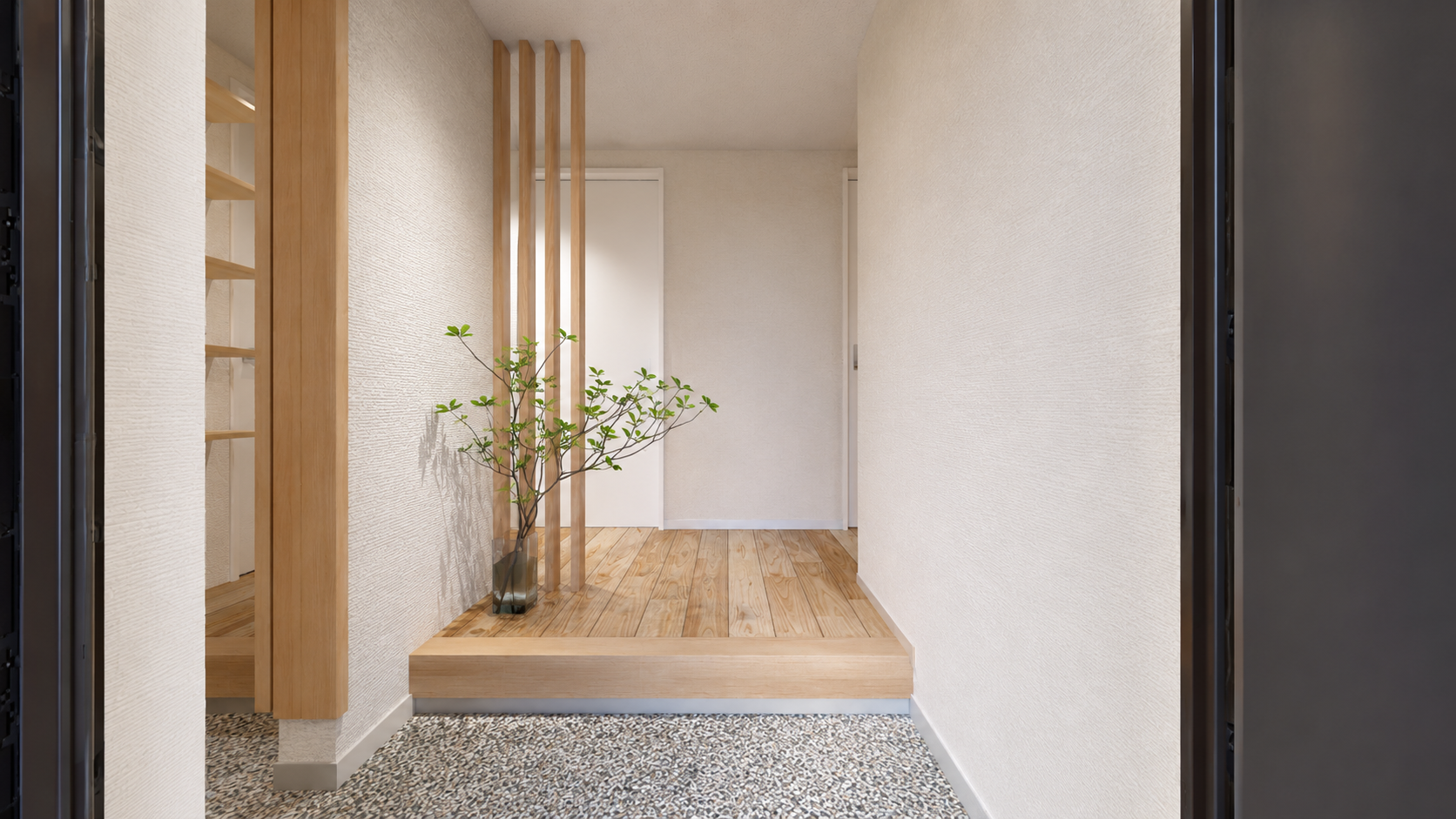 Modern entry hall with a raised wooden platform, vertical wooden slats, and a small potted plant in a glass vase on a pebble floor.
