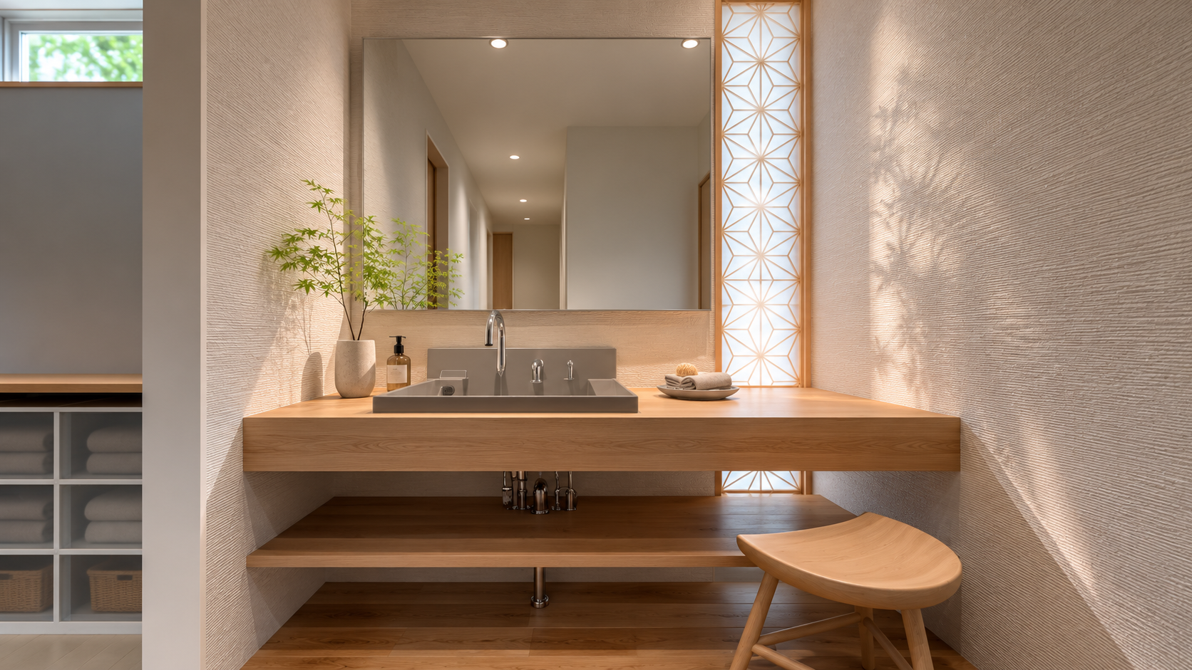 Modern bathroom vanity with a rectangular grey sink, wooden countertop, and a large framed mirror above.