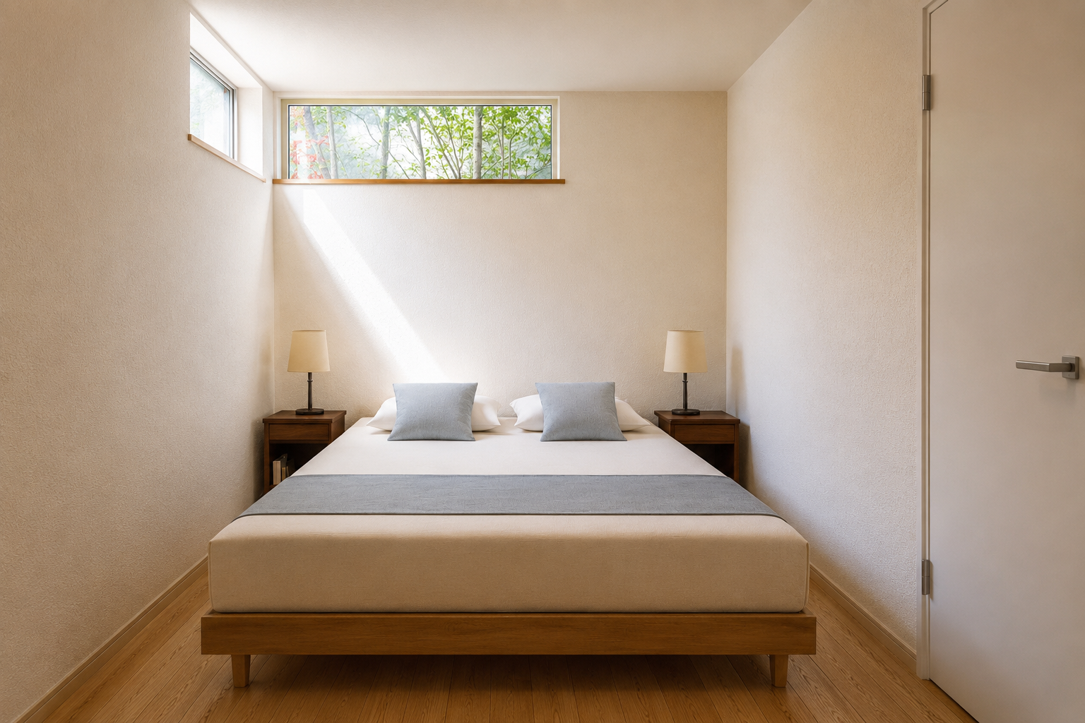 Minimalist bedroom with a low wood bed, two nightstands, and matching lamps; blue-gray pillows and runner on a light duvet.