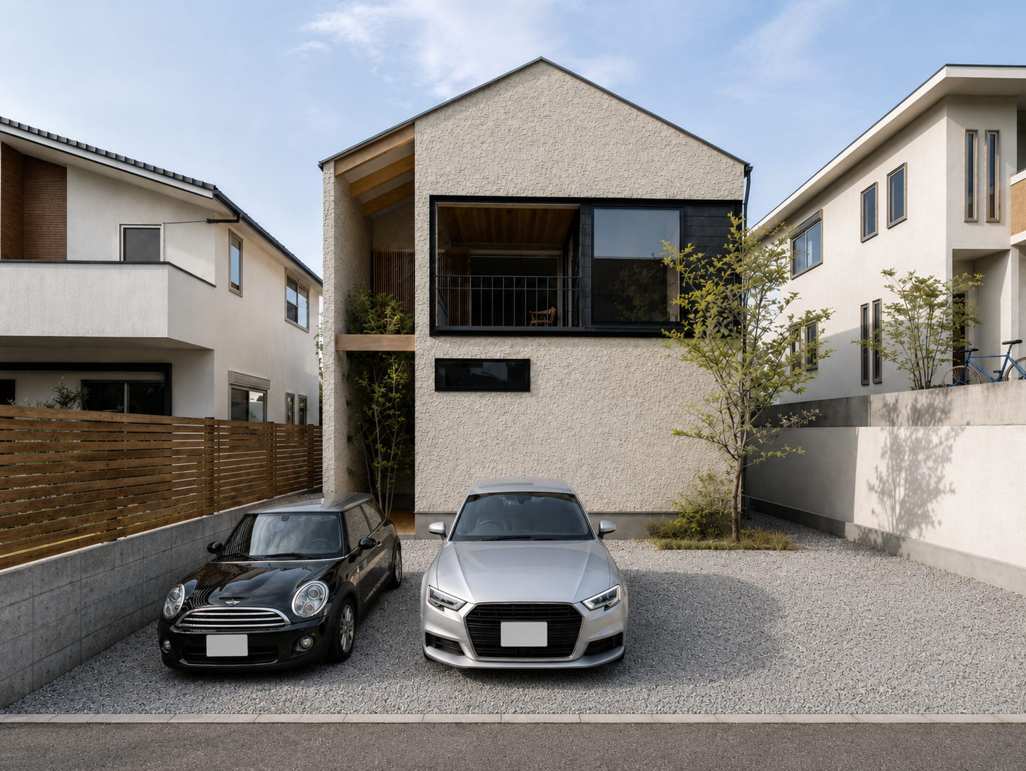 Modern beige two-story house with a black-framed balcony, flanked by neighboring homes, and two cars (black Mini Cooper and silver sedan) in a gravel driveway.