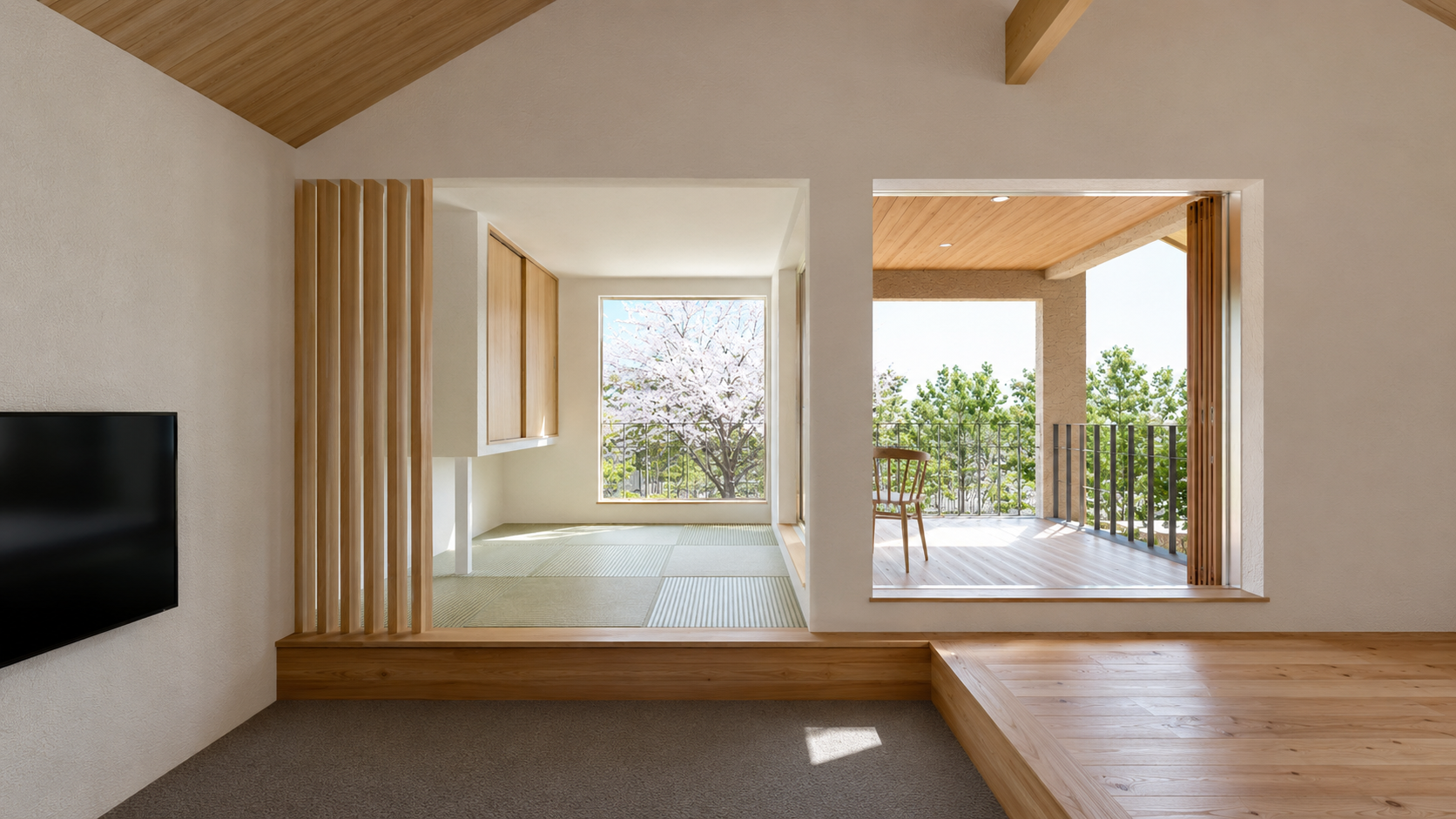 Room with a tatami floor opening to a sunny balcony, view of a blossoming tree outside