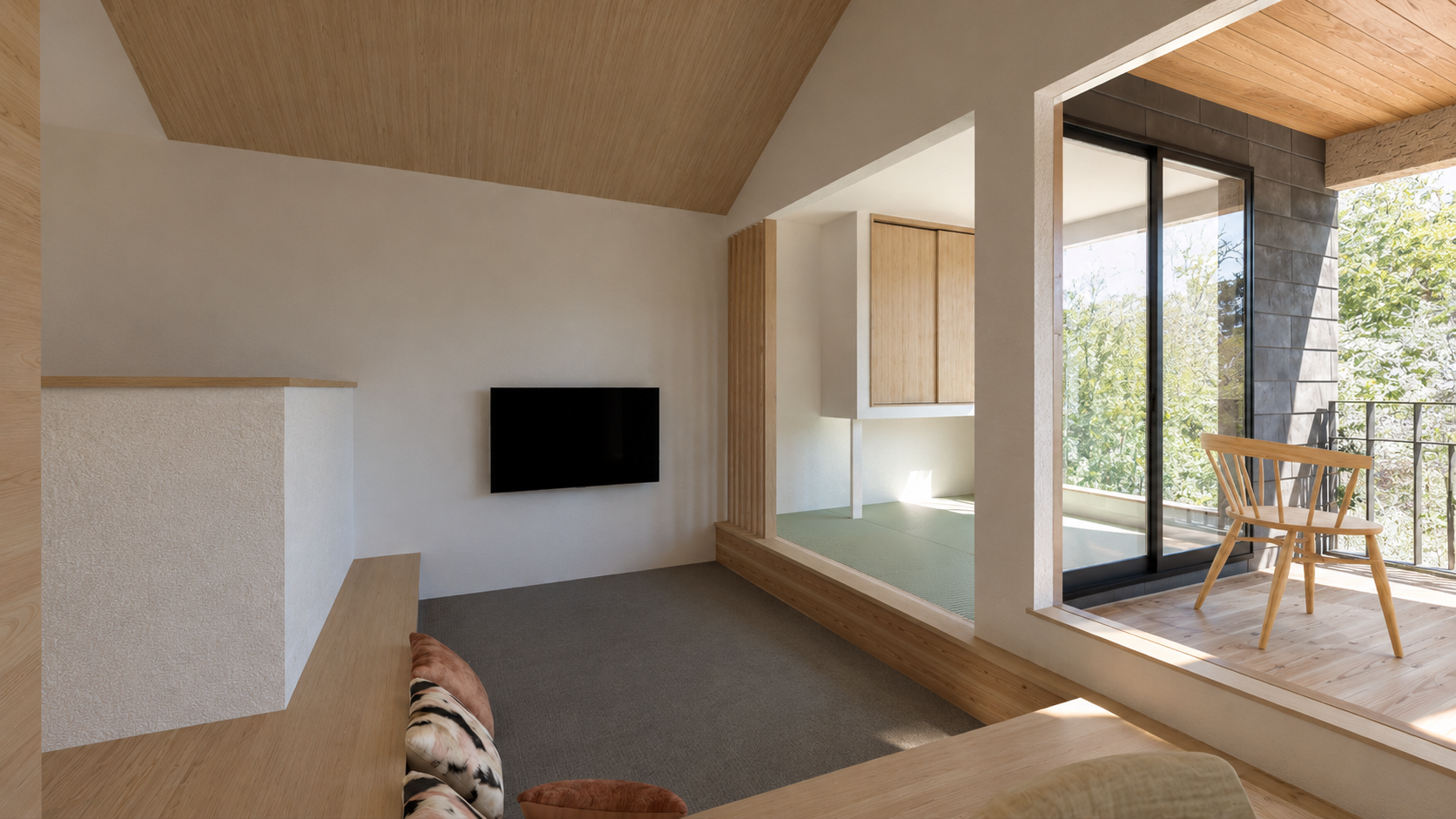 Modern living room with a wall-mounted TV, built‑in wood bench, and a raised tatami platform opening to a sunlit balcony.