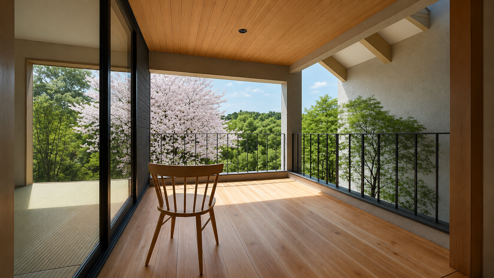 Wooden chair on a sunlit balcony with glass doors, overlooking blooming cherry trees and green foliage outside the railing.