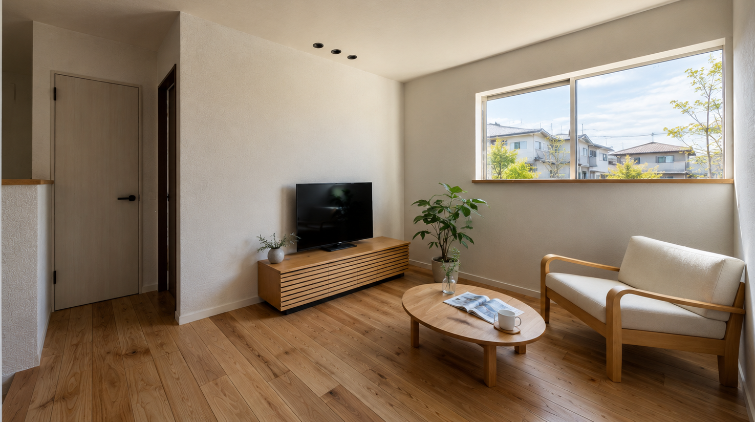 Bright living room with a flat-screen TV on a wooden media console, a round wooden coffee table, beige sofa, and a potted plant by a large window.