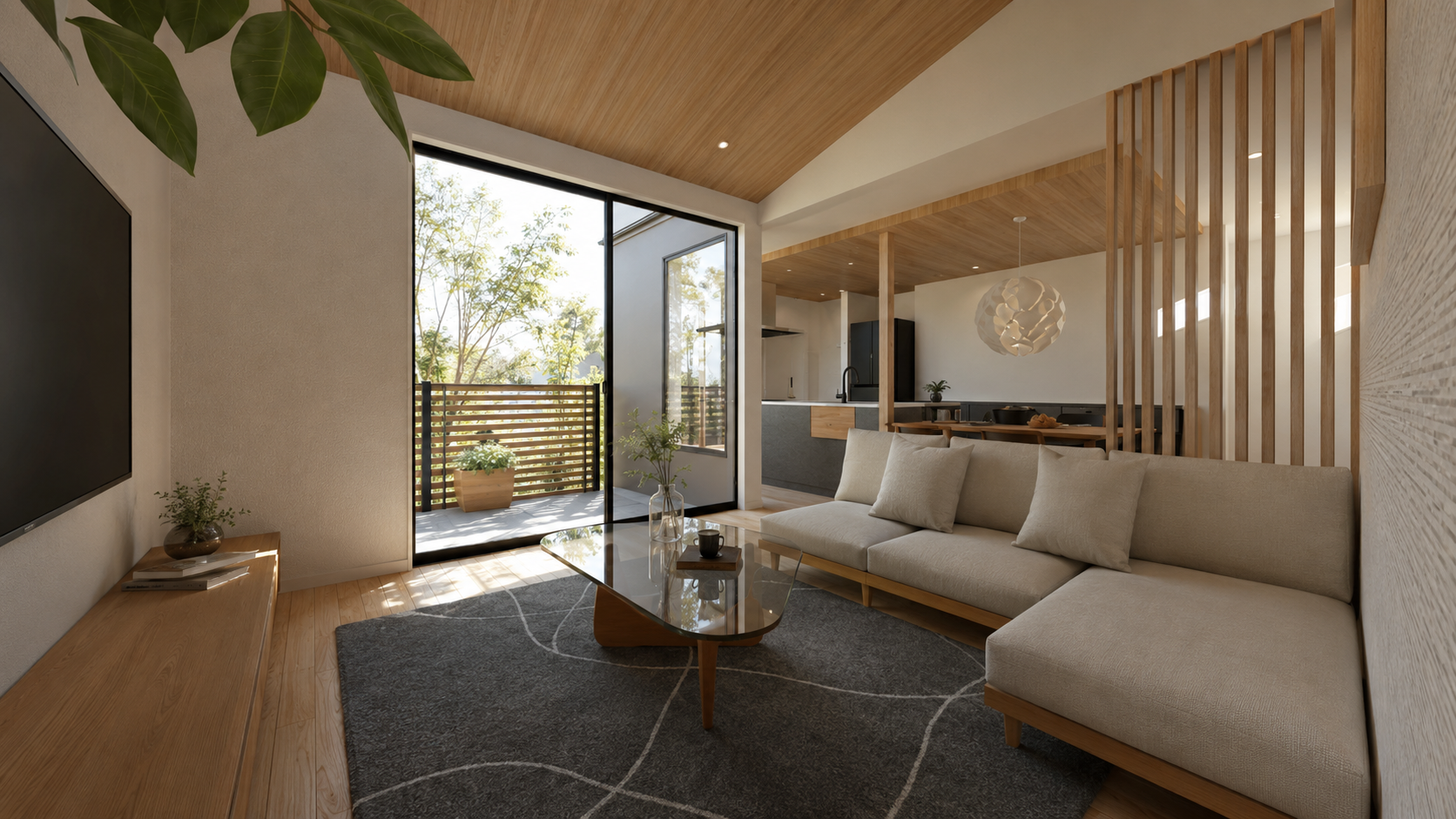 Bright, modern living room with a beige sectional sofa, glass coffee table, and a wall-mounted TV, open to a sunny balcony balcony.