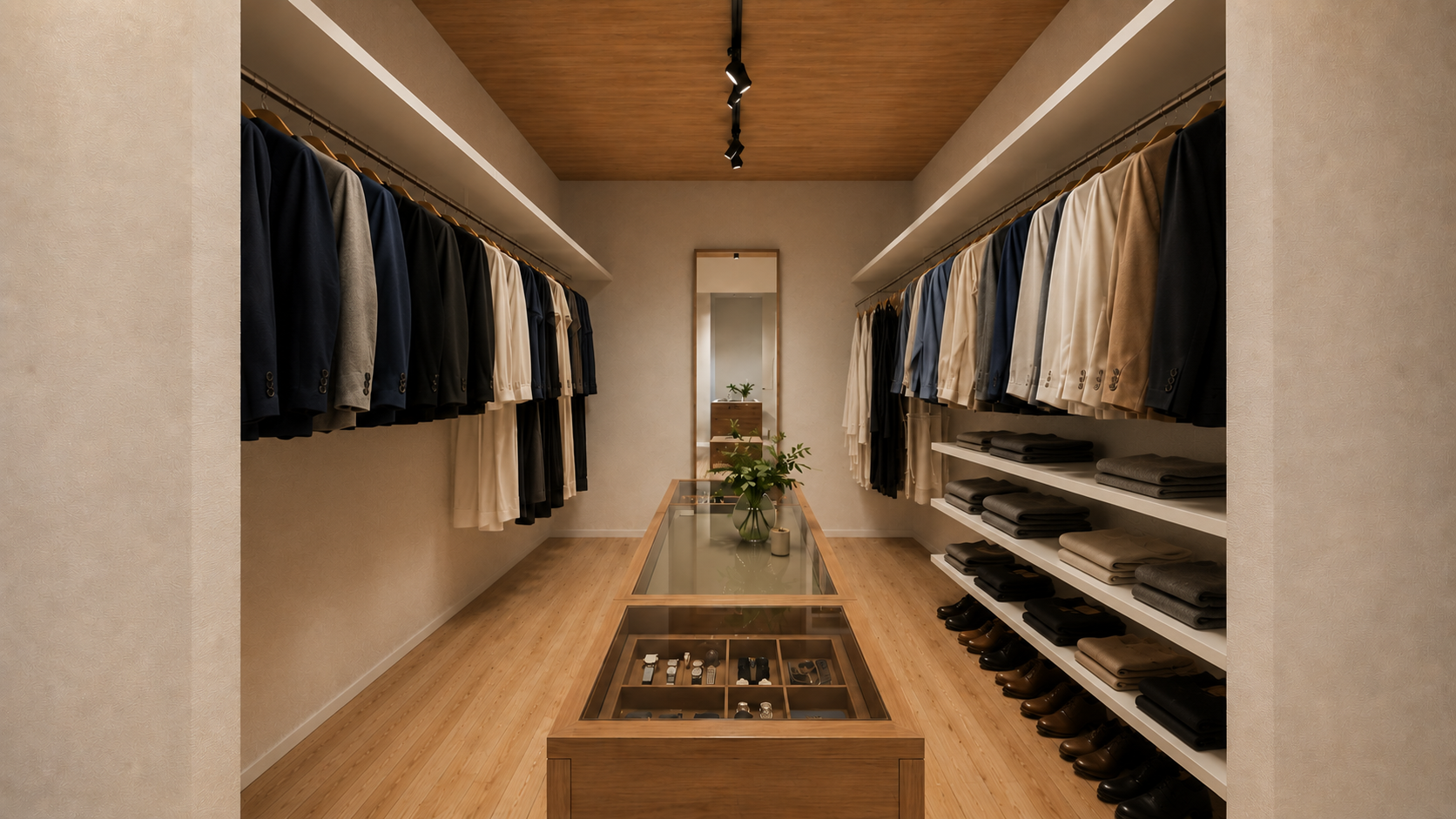 Walk-in clothing boutique with men's suits on racks along both walls and a glass-topped display table in the center.