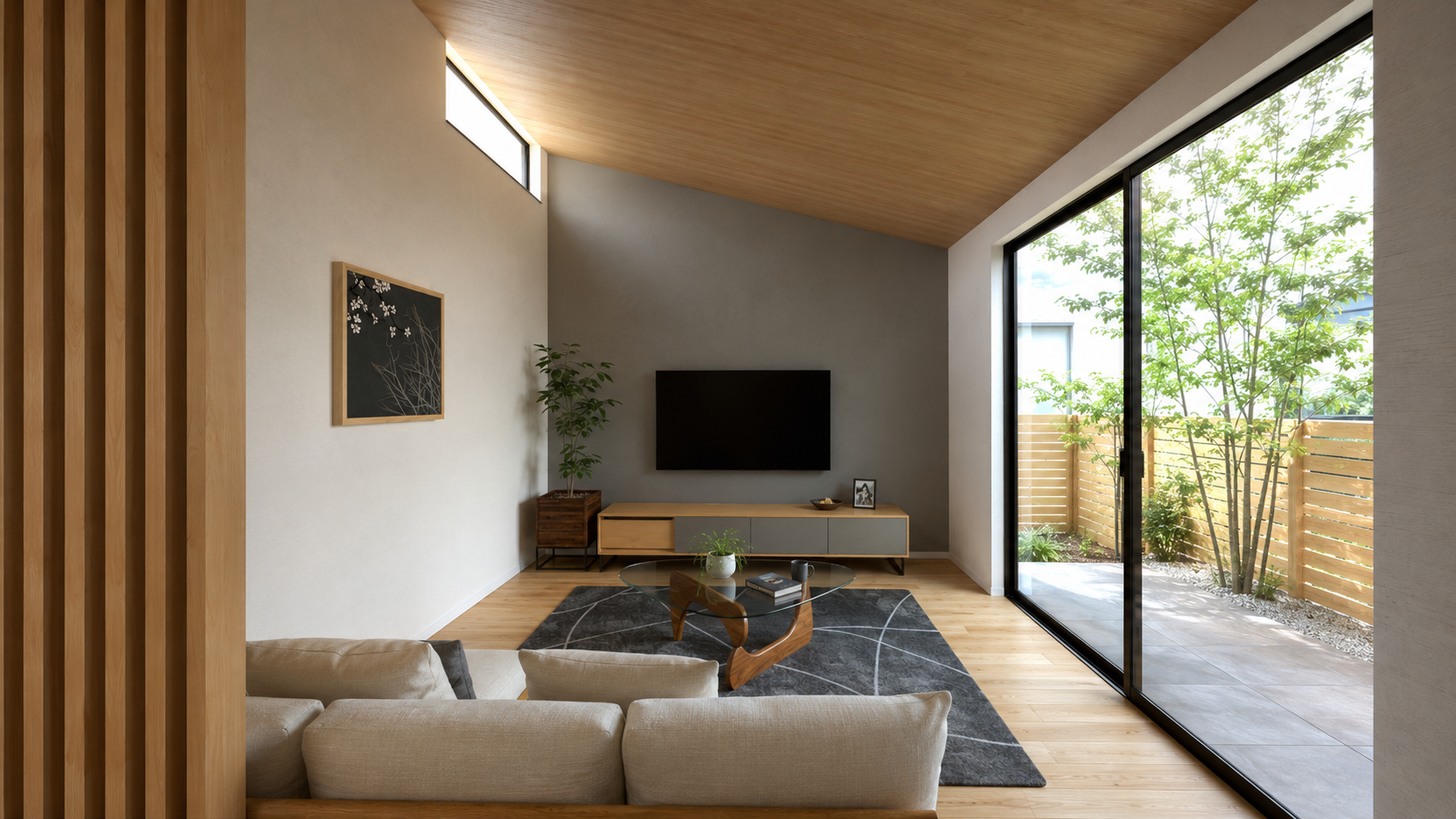Modern living room with a wall-mounted TV, low console, and a glass coffee table on a dark rug, facing a beige sofa.