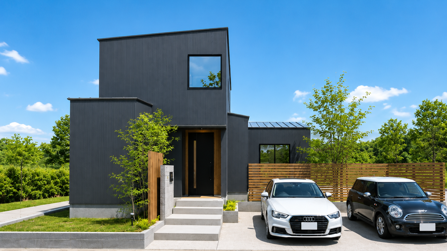 Modern two-story gray house with vertical siding, front steps, and two cars in the driveway under a bright blue sky.