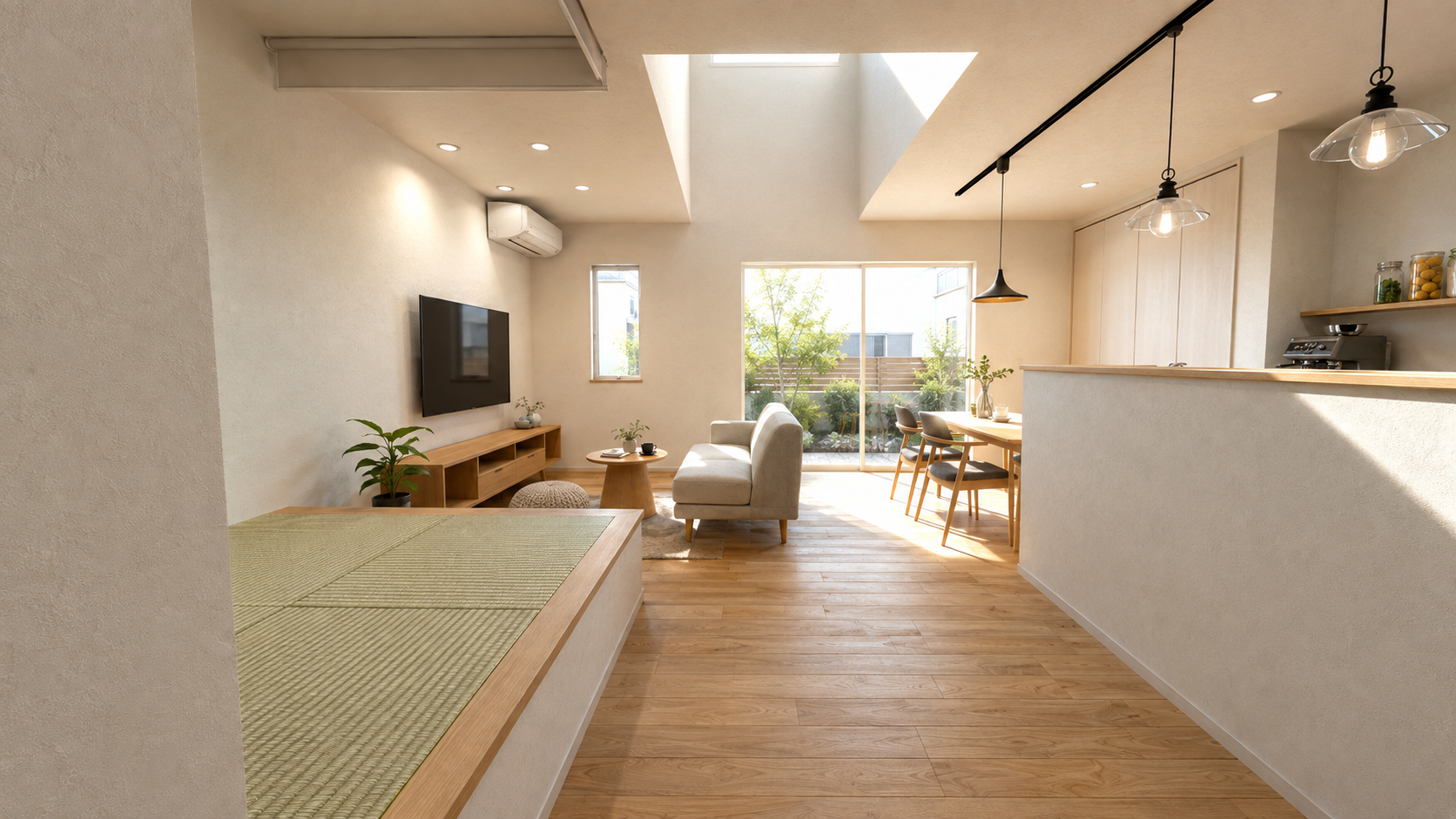 Bright open-concept living space with tatami seating, low coffee table, TV, and sliding doors to a sunny garden.