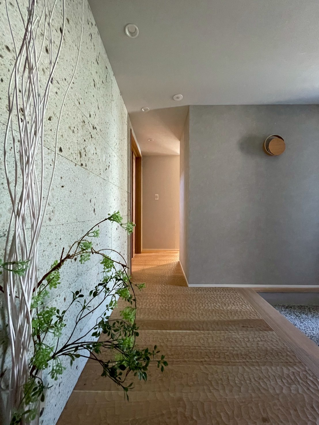 Narrow hallway with a speckled green wall on the left, beige textured carpet, and a sprawling leafy plant near white decorative branches.