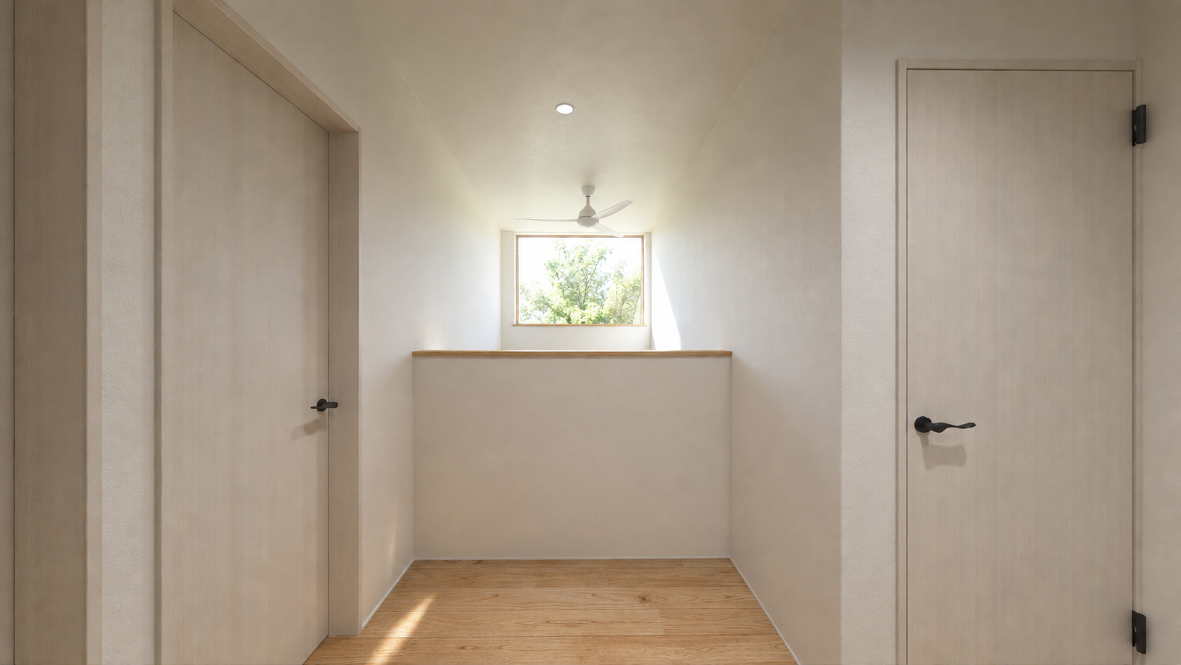 Narrow upstairs hallway with beige doors on both sides, a window at the end showing green trees, and a wooden floor.