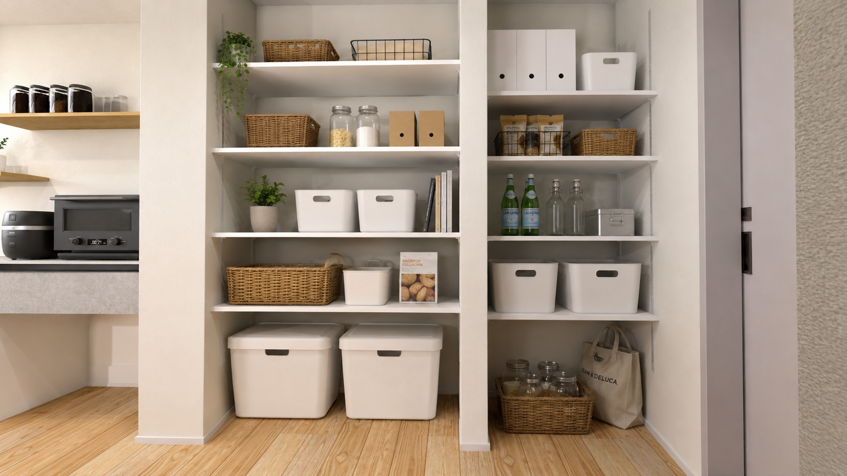Organized pantry with white shelves, wicker baskets, glass jars, and white storage bins on multiple levels.