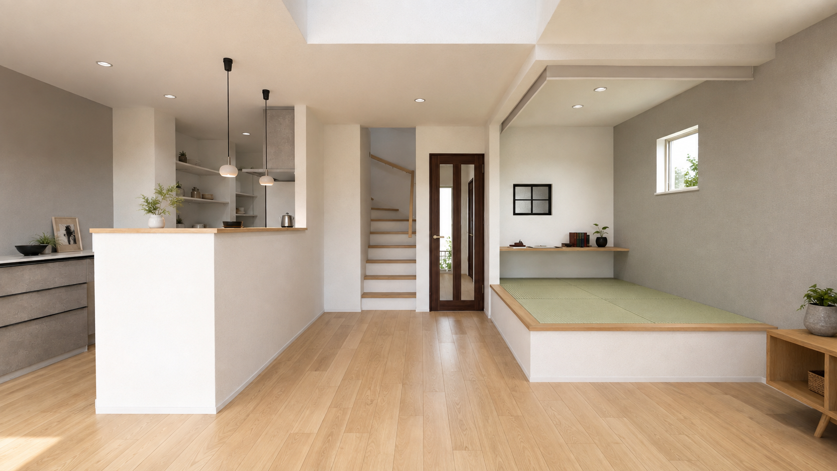 Open-plan living space with a kitchen island on the left, wooden stairs ahead, and a raised tatami platform to the right.